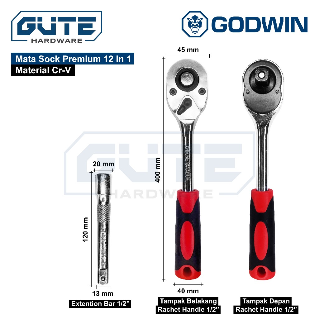 GUTE GODWIN Kunci Set 1/2 Inch & 1/4 Inch Socket CR-V Wrench Rachet - Gambar 5
