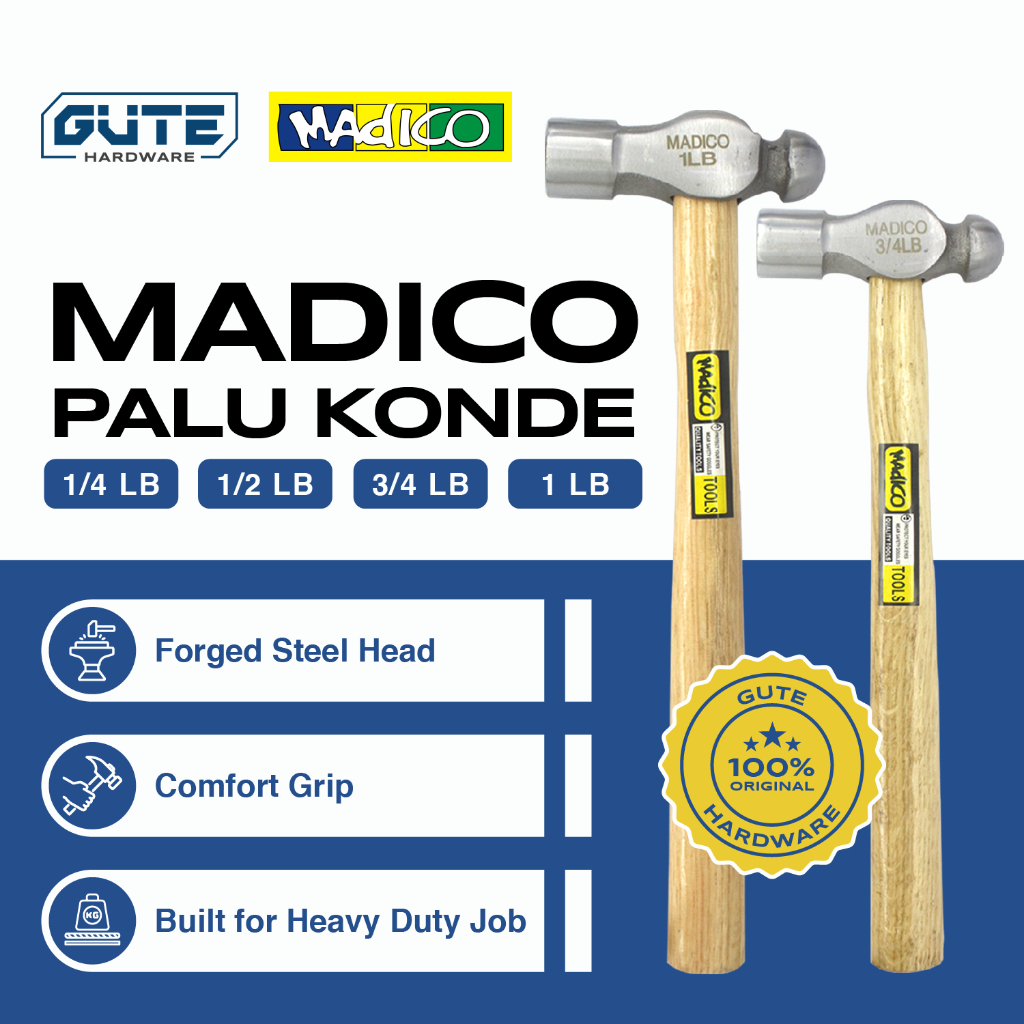 MADICO Palu Konde Ukuran 1/2 LB 3/4 LB 1 LB 1/4 LB By Gute - Ballpein Hammer Forged Steel Gagang Kayu Serbaguna