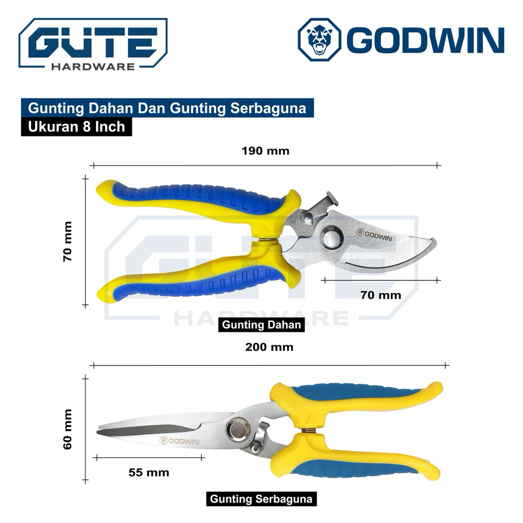 Gunting Korea Serbaguna / Gunting Serbaguna Stainless Steel GODWIN Extra Heavy Duty Seng Hollo Kawat Dahan Taman Plat - Gambar 2