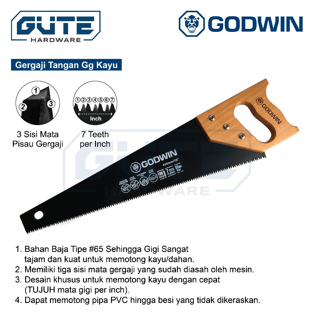 GUTE GODWIN Gergaji Tangan 3 Mata Teflon Coated GG Kayu Gorok Kayu Untuk Kayu/Triplek/Pipa Pvc/Gypsum/GRC Board