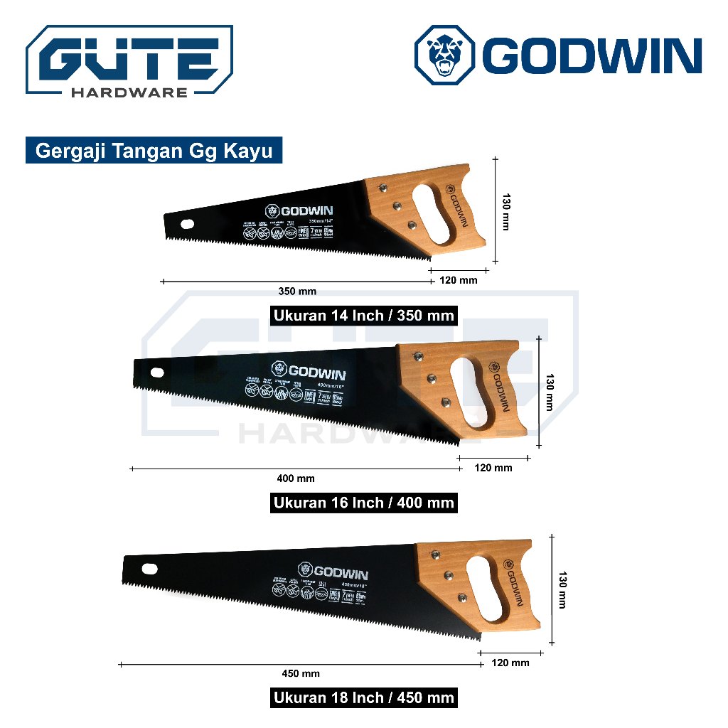 GUTE GODWIN Gergaji Tangan 3 Mata Teflon Coated GG Kayu Gorok Kayu Untuk Kayu/Triplek/Pipa Pvc/Gypsum/GRC Board - Gambar 2