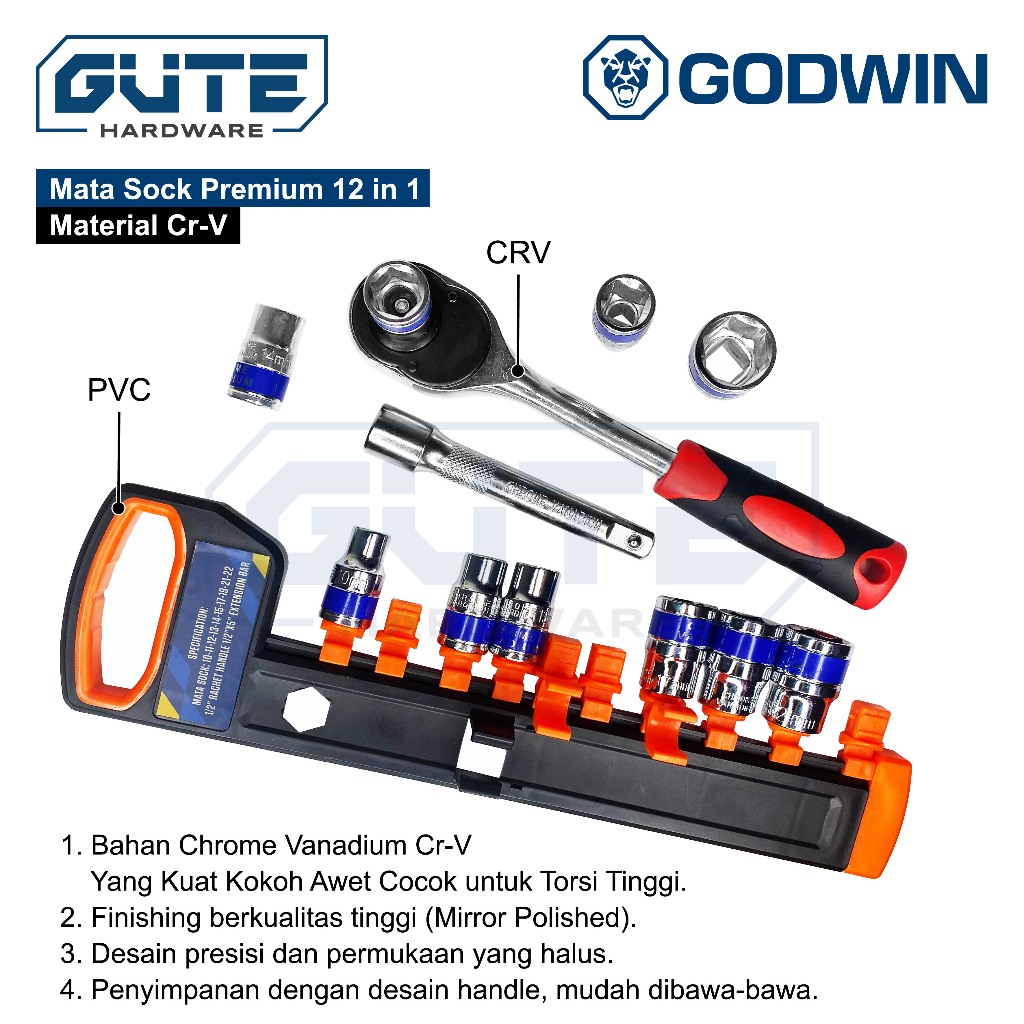 GUTE GODWIN Kunci Set 1/2 Inch & 1/4 Inch Socket CR-V Wrench Rachet - Gambar 4