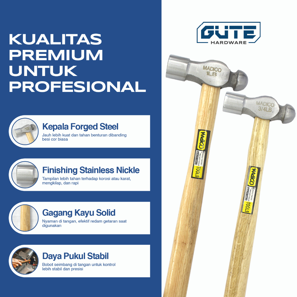 MADICO Palu Konde Ukuran 1/2 LB 3/4 LB 1 LB 1/4 LB By Gute - Ballpein Hammer Forged Steel Gagang Kayu Serbaguna - Gambar 2