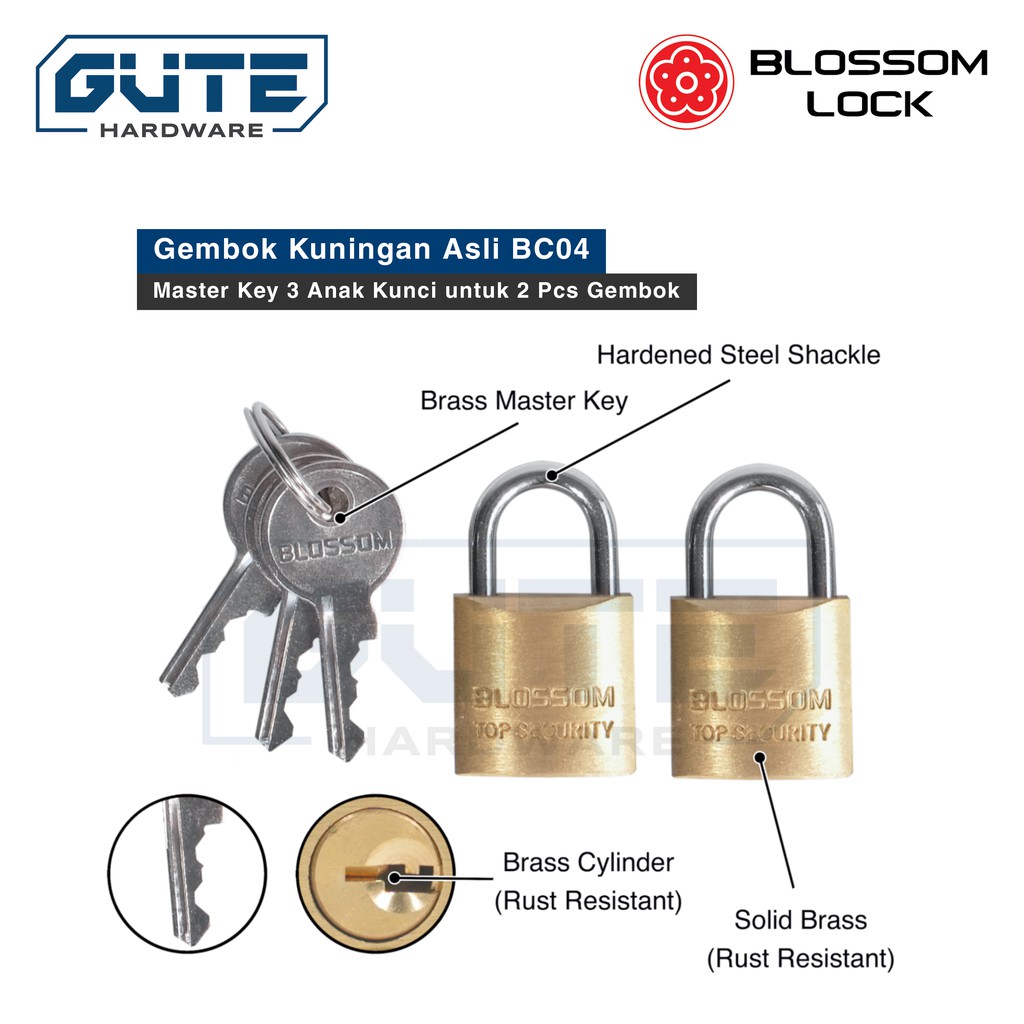 Gembok Kuningan Anti Karat “Blossom” Tipe BC 04 Best Seller Untuk Pintu Pagar/Kantor/Toko /Gudang - Gambar 4