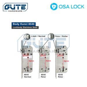 (KOMPLIT) Body Kunci Pintu Besar Stainless Steel "OSALOCK" Lidah Pelor Roller Lockbody