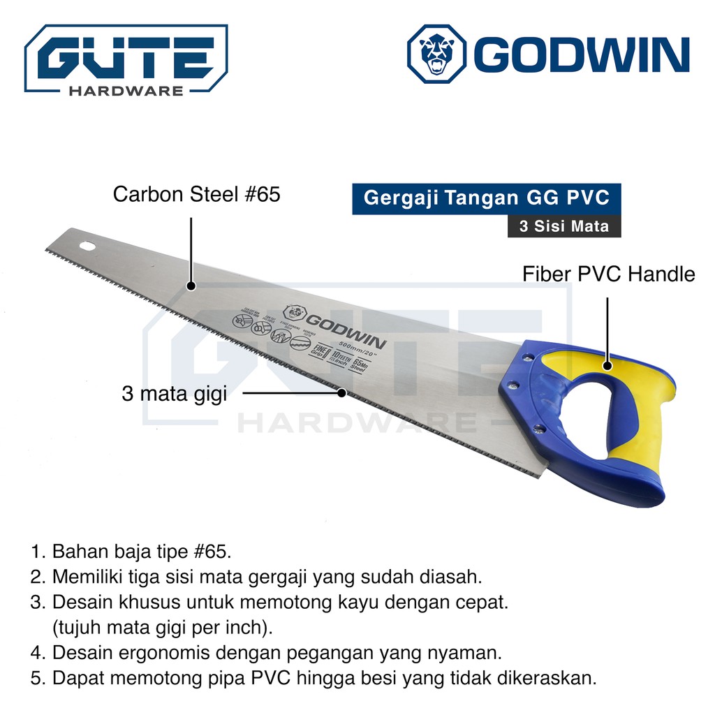 Gergaji Tangan 3 Mata / Handsaw / Gergaji Kayu "GODWIN" Untuk Kayu / Triplek / Pipa PVC / Gypsum