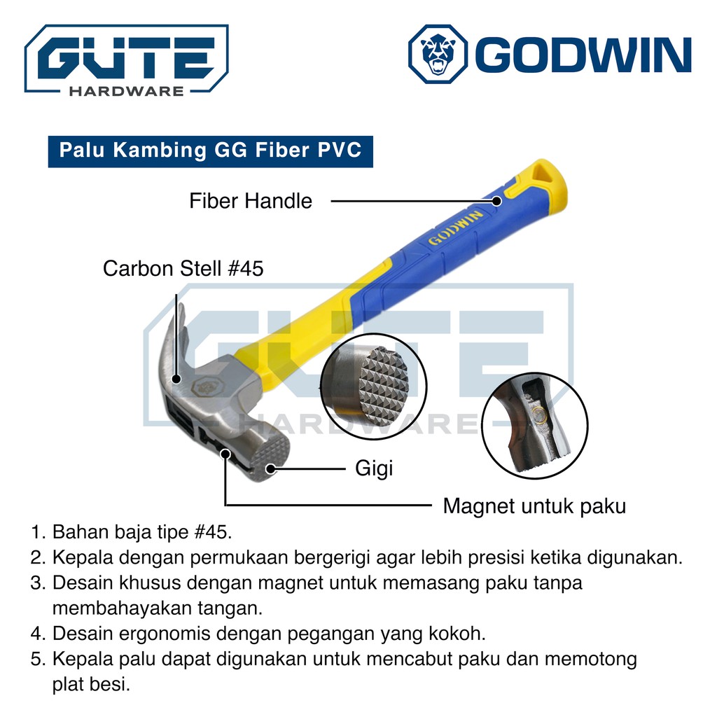 Palu Kambing Gagang Fiber / Claw Hammer "Godwin" Carbon Steel Asli! - Gambar 4