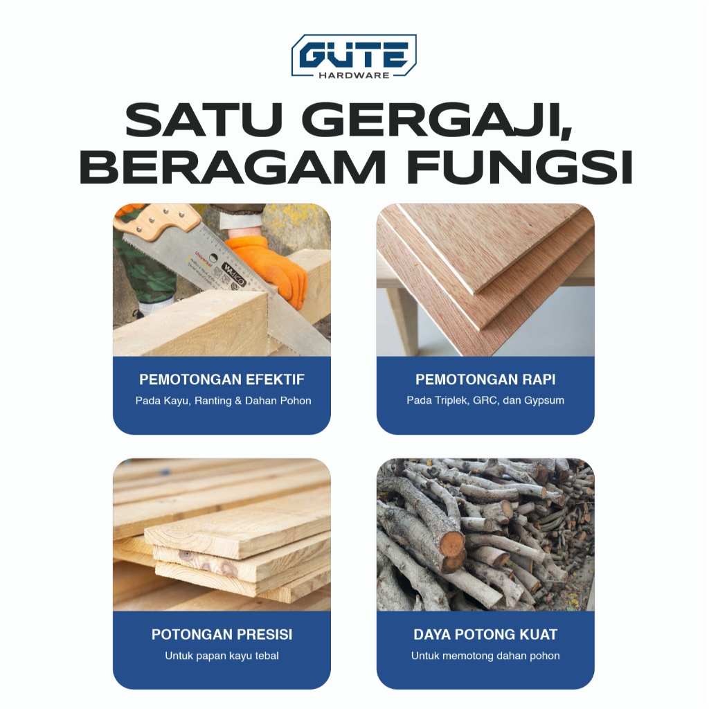 MADICO Gergaji Tangan 3 Mata By Gute - Handsaw Carbon Steel Untuk Potong Kayu Triplek Pipa PVC Gypsum - Gambar 3