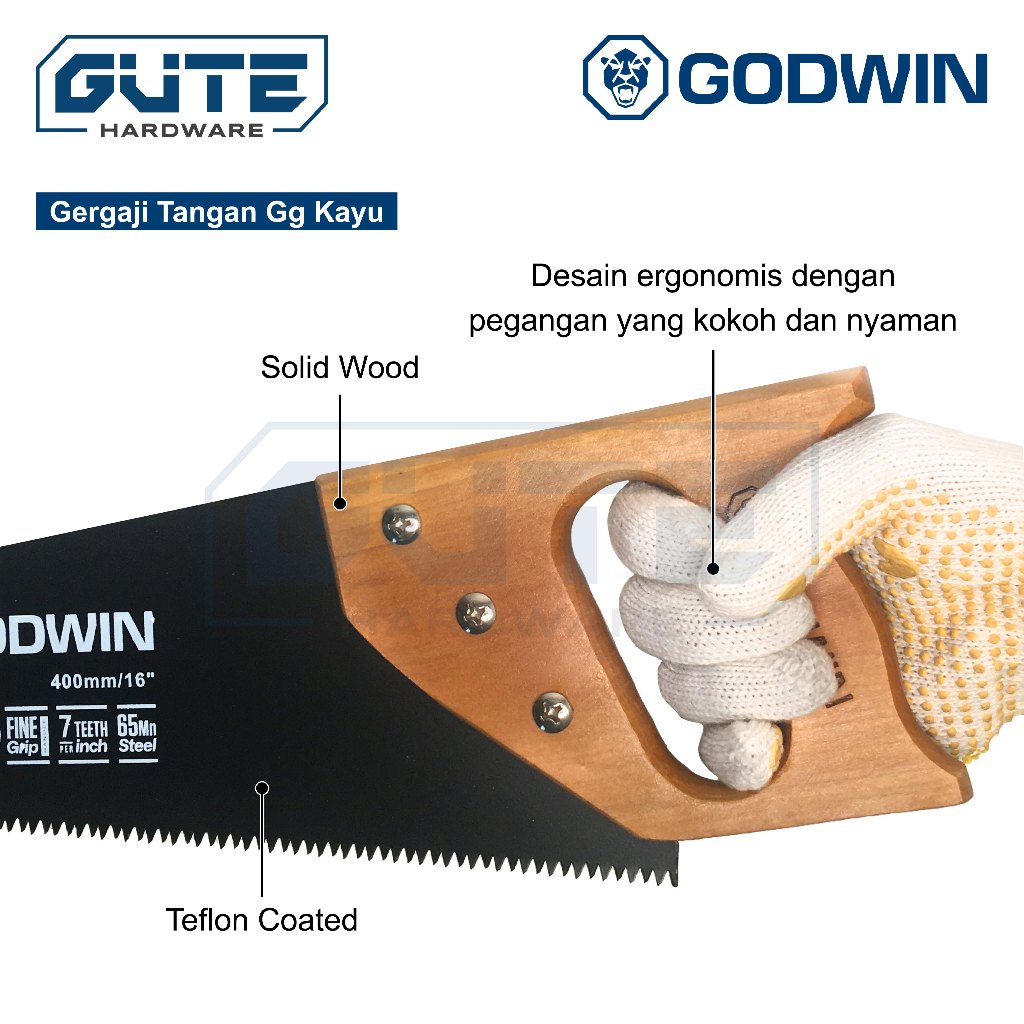 GUTE GODWIN Gergaji Tangan 3 Mata Teflon Coated GG Kayu Gorok Kayu Untuk Kayu/Triplek/Pipa Pvc/Gypsum/GRC Board - Gambar 3