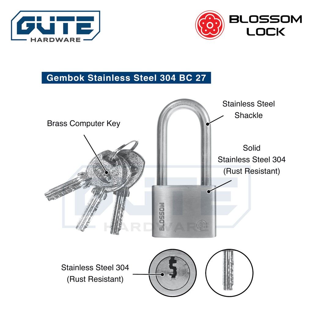 Gembok Stainless Steel 304 Anti Karat “Blossom” Tipe BC 27 Best Seller Untuk Pagar / Kantor Toko - Gambar 2