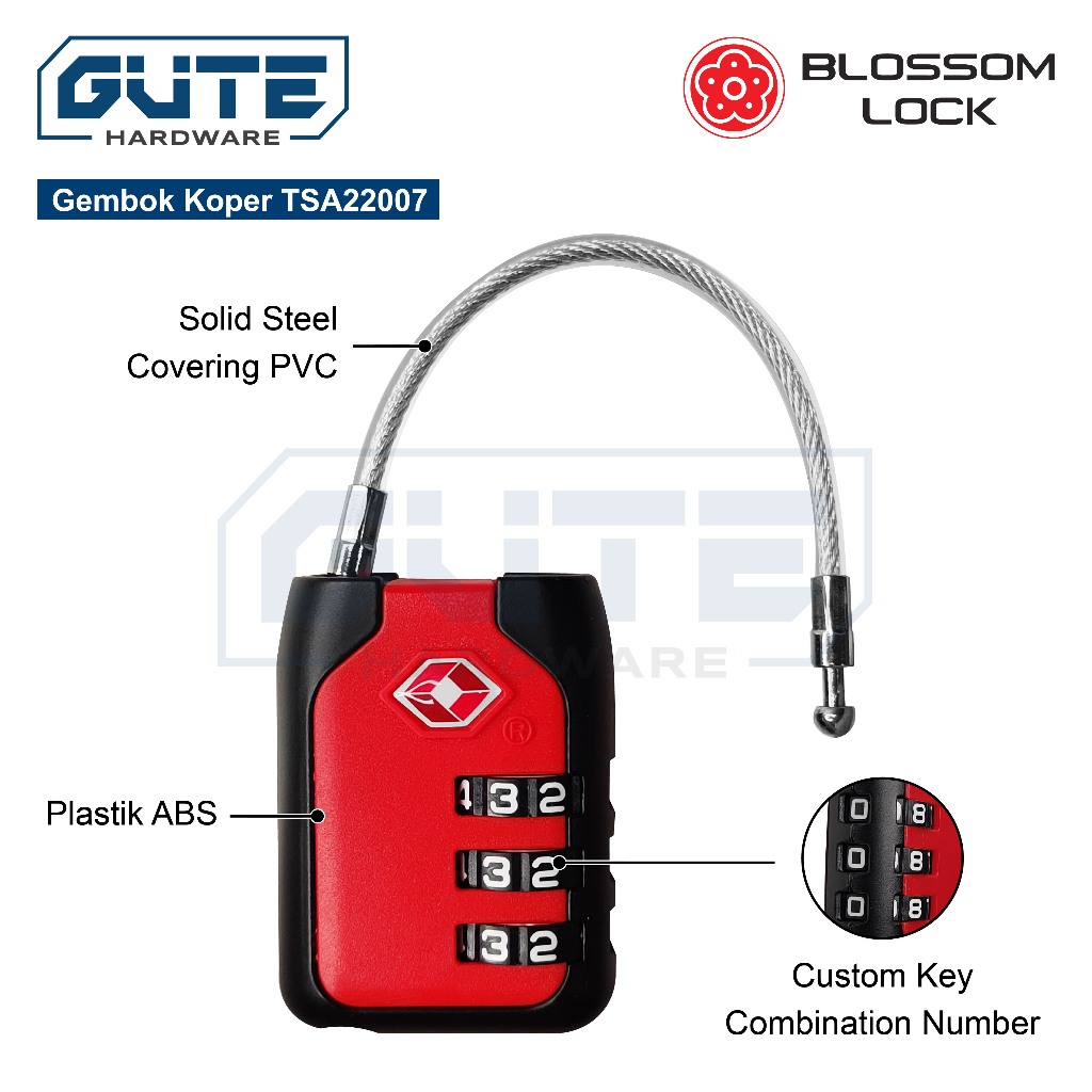 GEMBOK NOMOR KOPER TAS TSA SECURITY "BLOSSOM" KUNCI SANDI / KUNCI PIN / TSA TRAVEL COMBINATION PADLOCK - Gambar 3