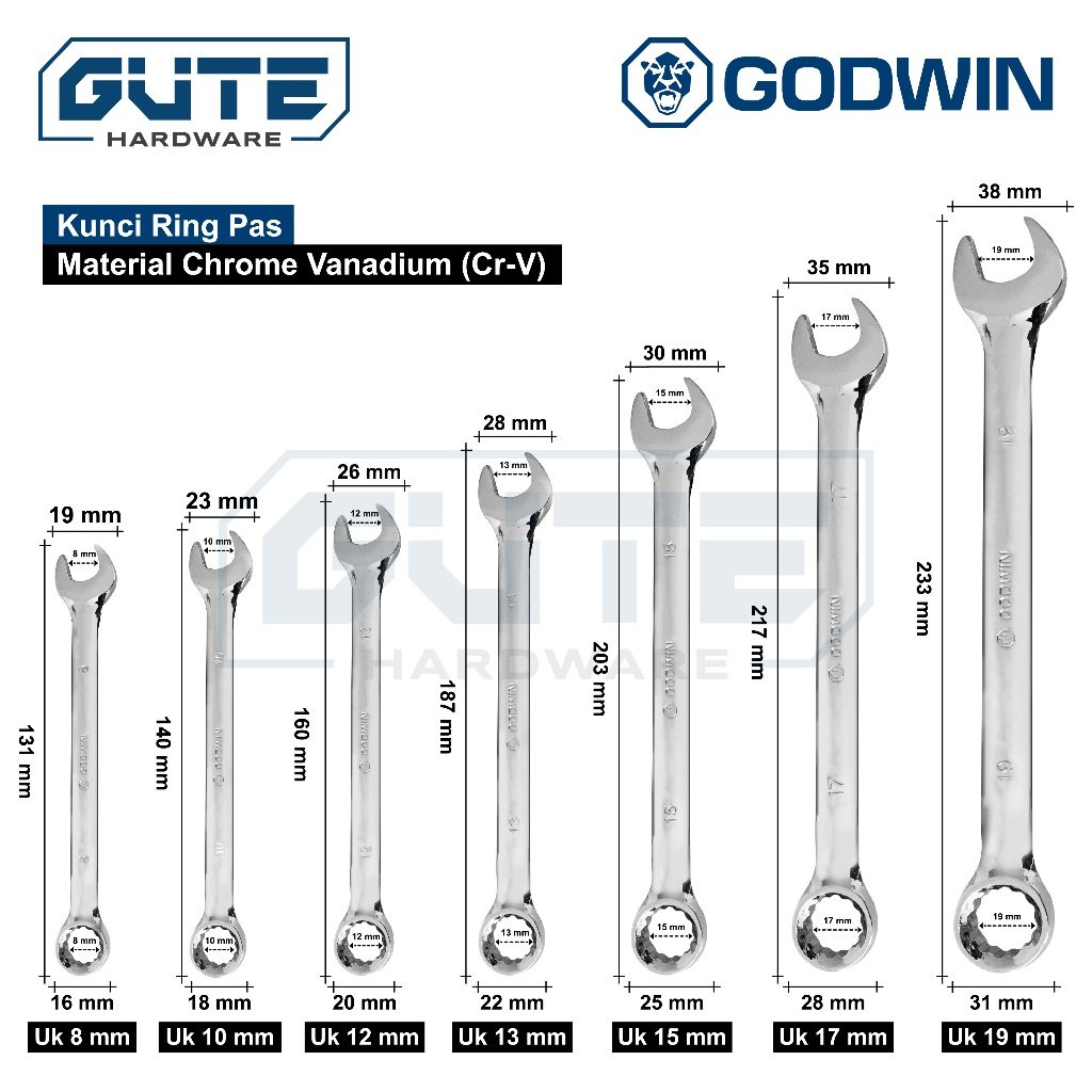 GODWIN SATUAN Kunci Ring Pas 8 10 12 13 15 17 19 mm Premium Grade ( Isi 10 Pcs ) - Gambar 3