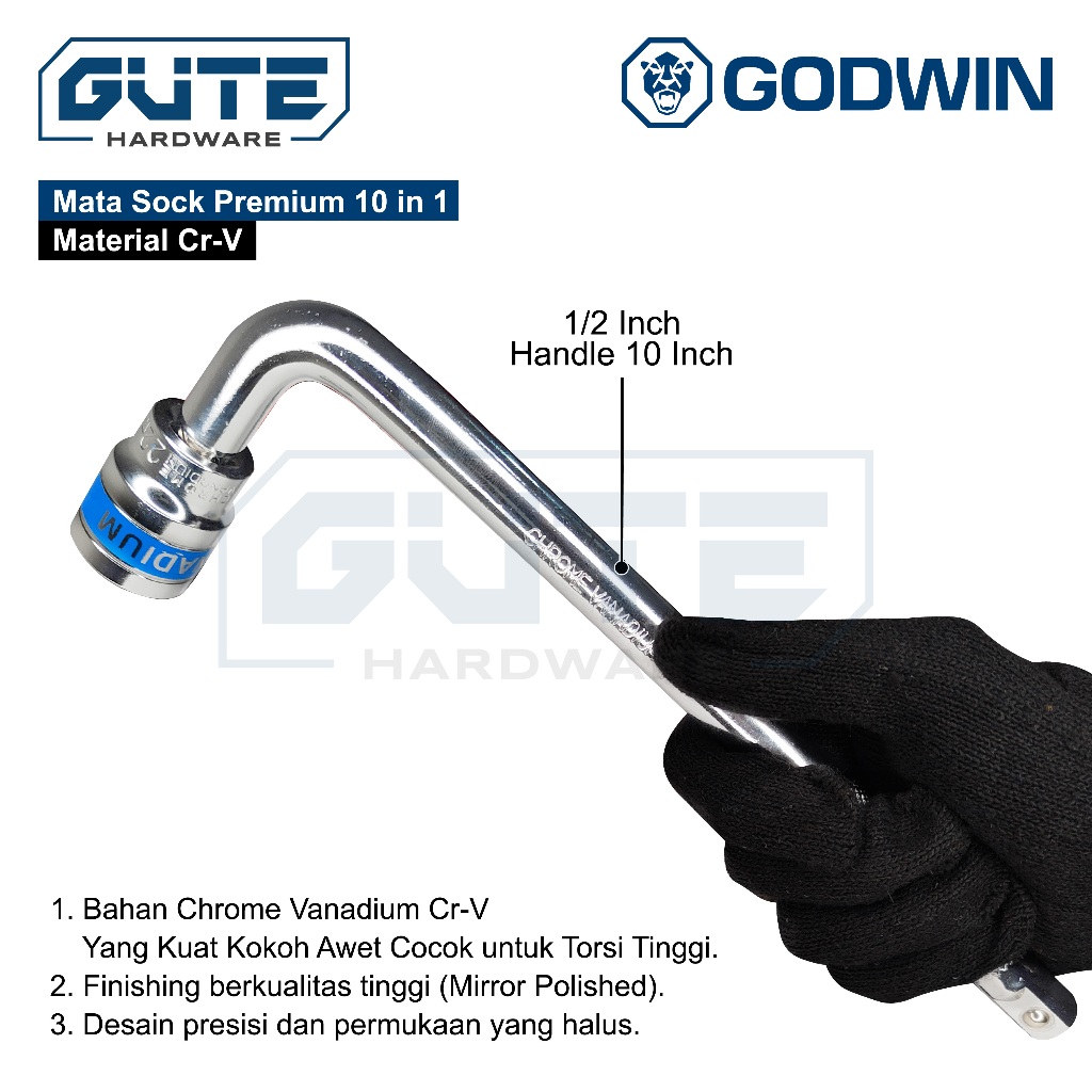 GUTE GODWIN Kunci Set 1/2 Inch & 1/4 Inch Socket CR-V Wrench Rachet - Gambar 2