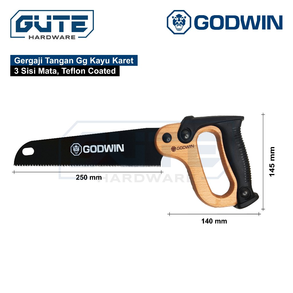 GUTE GODWIN Gergaji Tangan 3 Mata Premium GG Kayu Karet Gorok Kayu - 10 Inch Untuk Kayu /Triplek/Pipa Pvc/Gypsum/GRC Board - Gambar 2