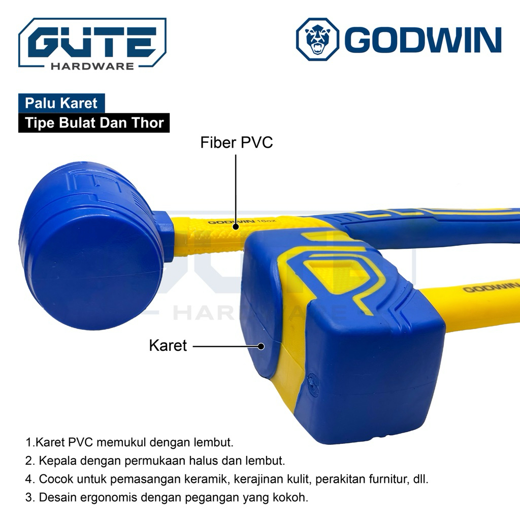 Palu Karet Gagang Fiber / Rubber Hammer “GODWIN” - Gambar 3