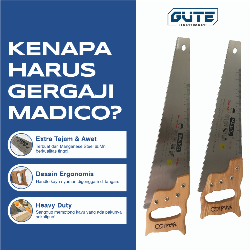 MADICO Gergaji Tangan 3 Mata By Gute - Handsaw Carbon Steel Untuk Potong Kayu Triplek Pipa PVC Gypsum - Gambar 2