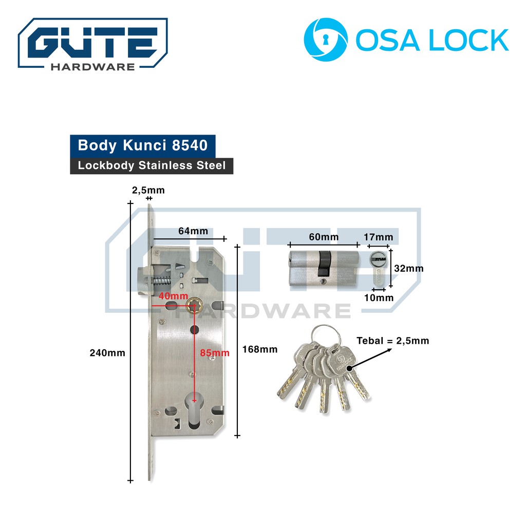 (KOMPLIT) Body Kunci Pintu Besar Stainless Steel "OSALOCK" Lidah Pelor Roller Lockbody - Gambar 4