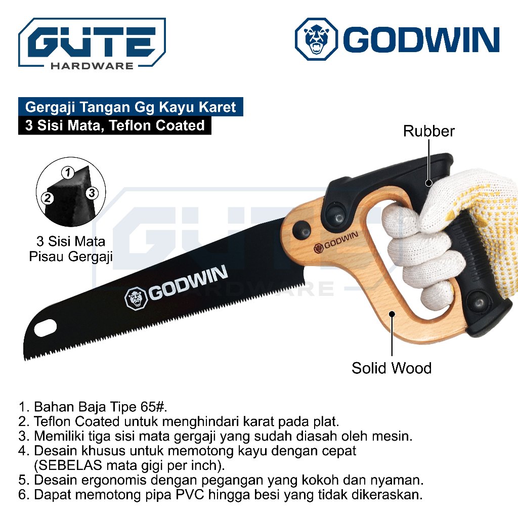 GUTE GODWIN Gergaji Tangan 3 Mata Premium GG Kayu Karet Gorok Kayu - 10 Inch Untuk Kayu /Triplek/Pipa Pvc/Gypsum/GRC Board