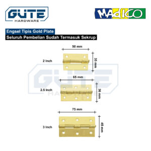 Engsel Tipis Gold Plate GP Kuning Tebal Kokoh Termasuk Sekrup