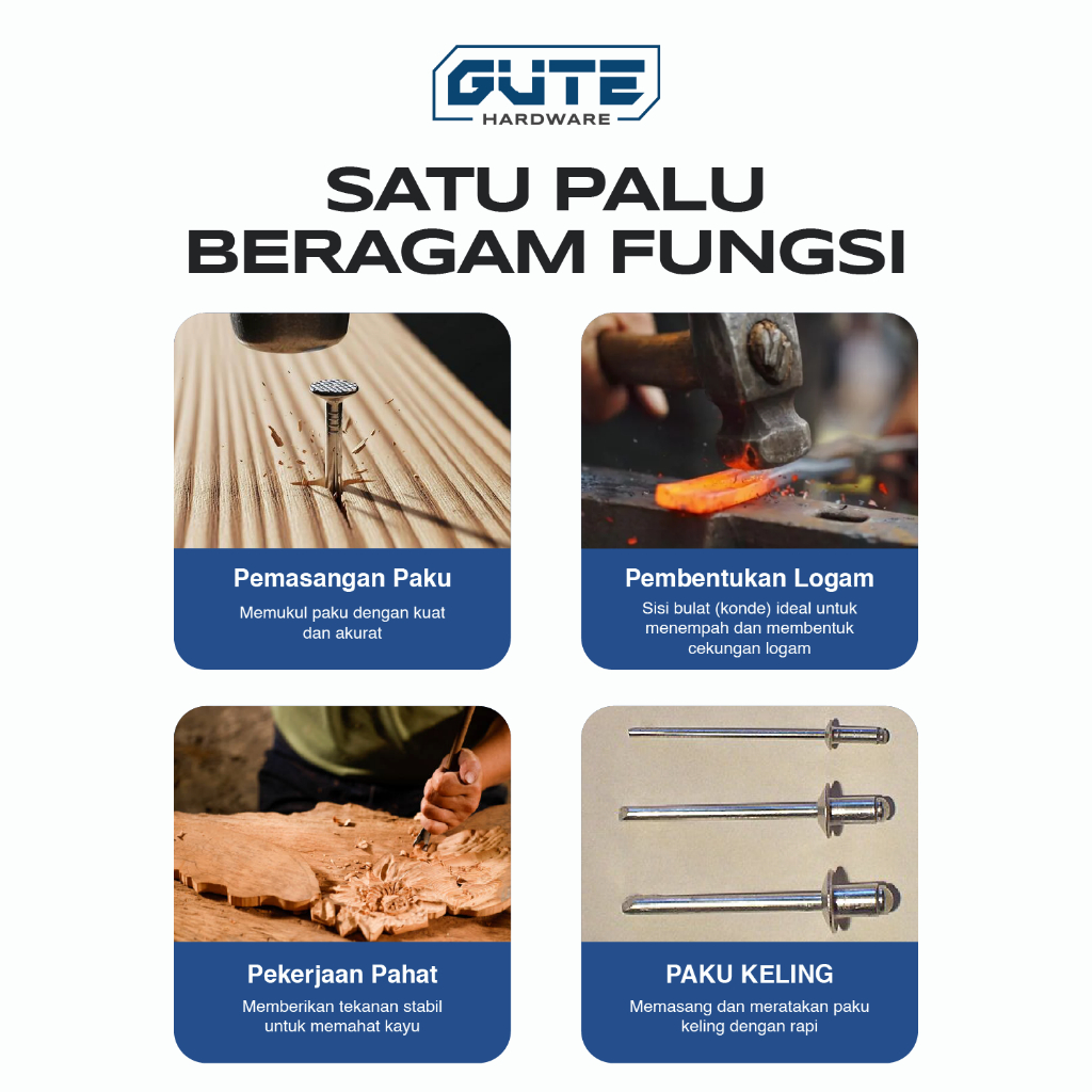 MADICO Palu Konde Ukuran 1/2 LB 3/4 LB 1 LB 1/4 LB By Gute - Ballpein Hammer Forged Steel Gagang Kayu Serbaguna - Gambar 3