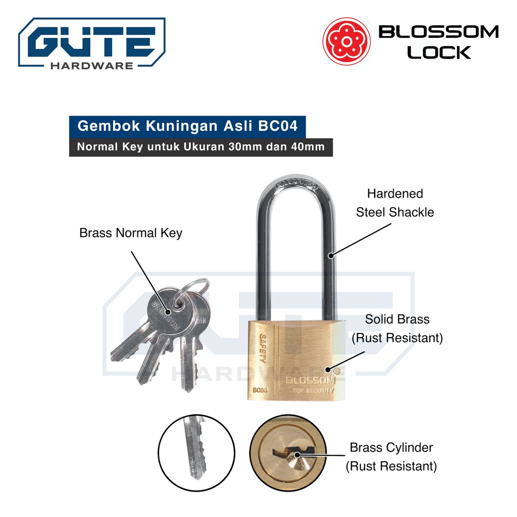 Gembok Kuningan Anti Karat “Blossom” Tipe BC 04 Best Seller Untuk Pintu Pagar/Kantor/Toko /Gudang - Gambar 5