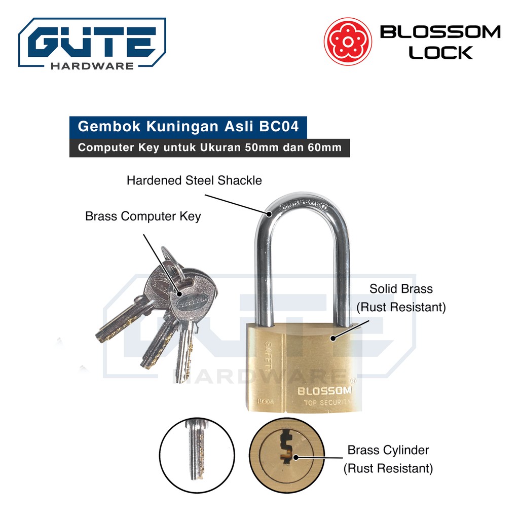 Gembok Kuningan Anti Karat “Blossom” Tipe BC 04 Best Seller Untuk Pintu Pagar/Kantor/Toko /Gudang - Gambar 6