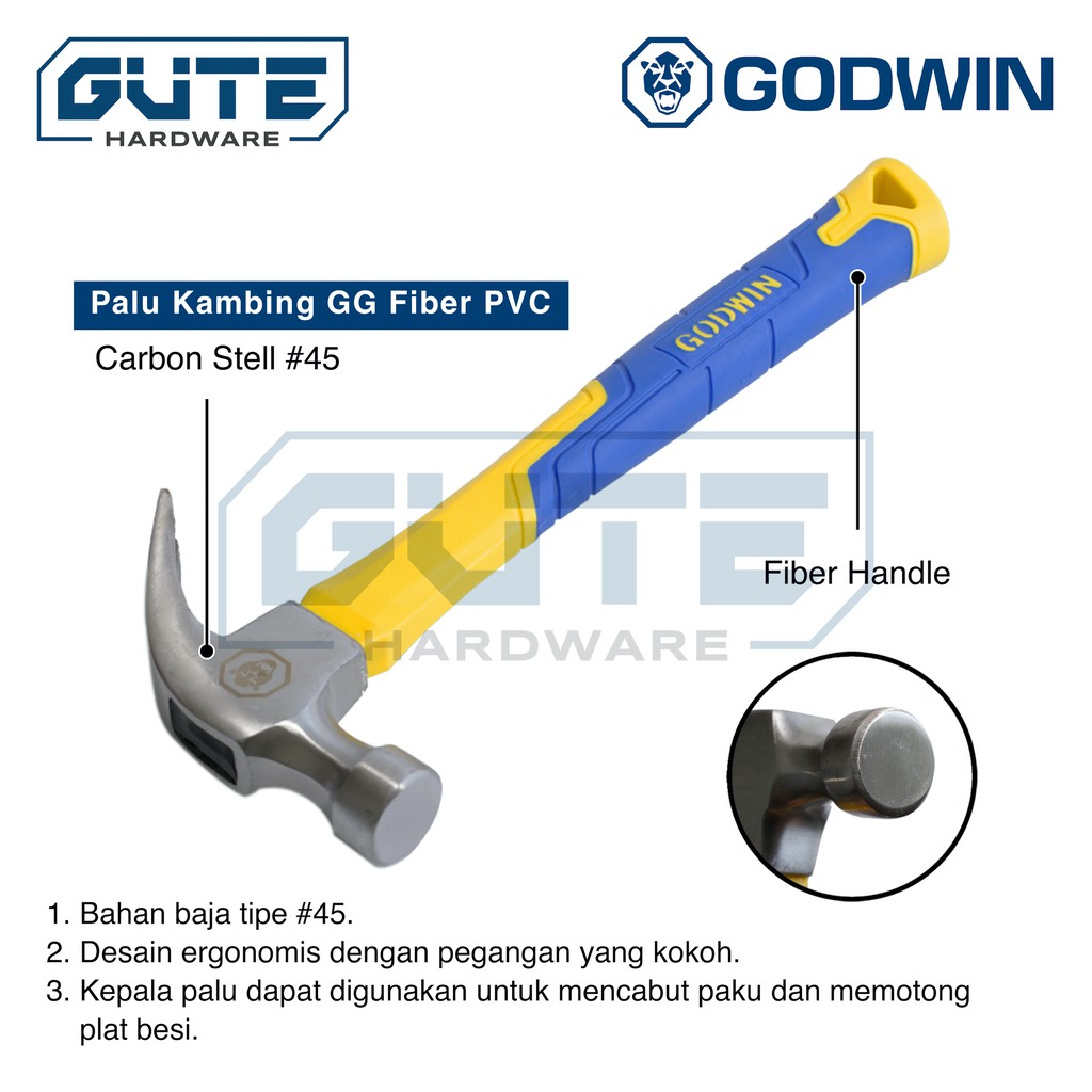 Palu Kambing Gagang Fiber / Claw Hammer "Godwin" Carbon Steel Asli! - Gambar 3