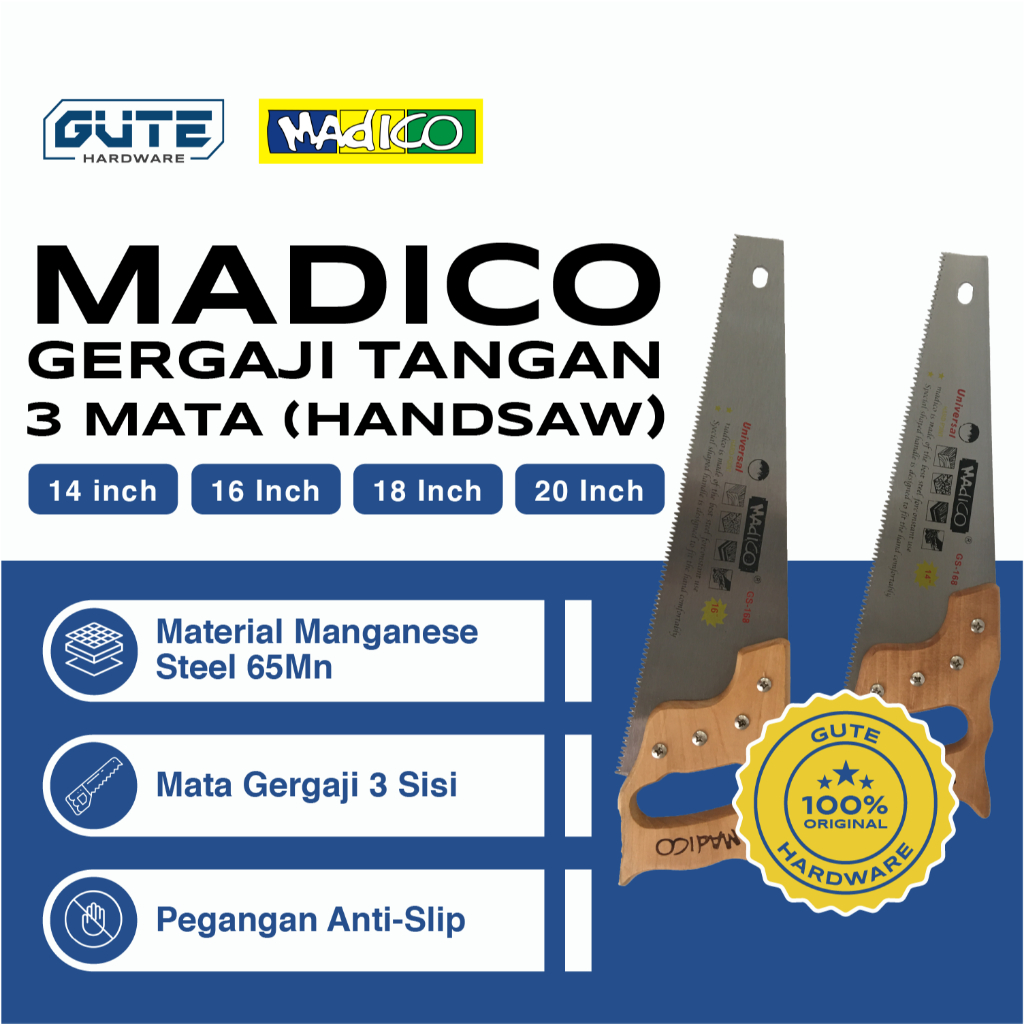MADICO Gergaji Tangan 3 Mata By Gute - Handsaw Carbon Steel Untuk Potong Kayu Triplek Pipa PVC Gypsum
