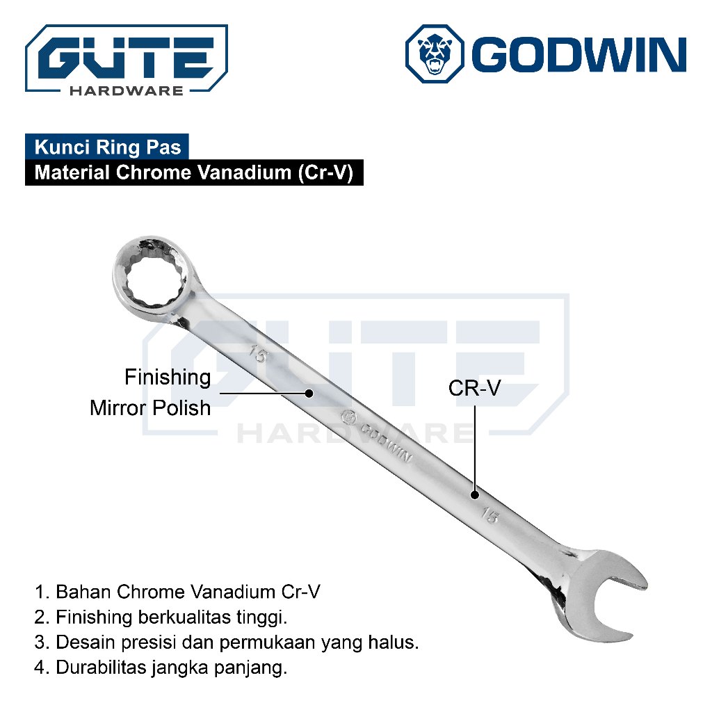 GODWIN SATUAN Kunci Ring Pas 8 10 12 13 15 17 19 mm Premium Grade ( Isi 10 Pcs )