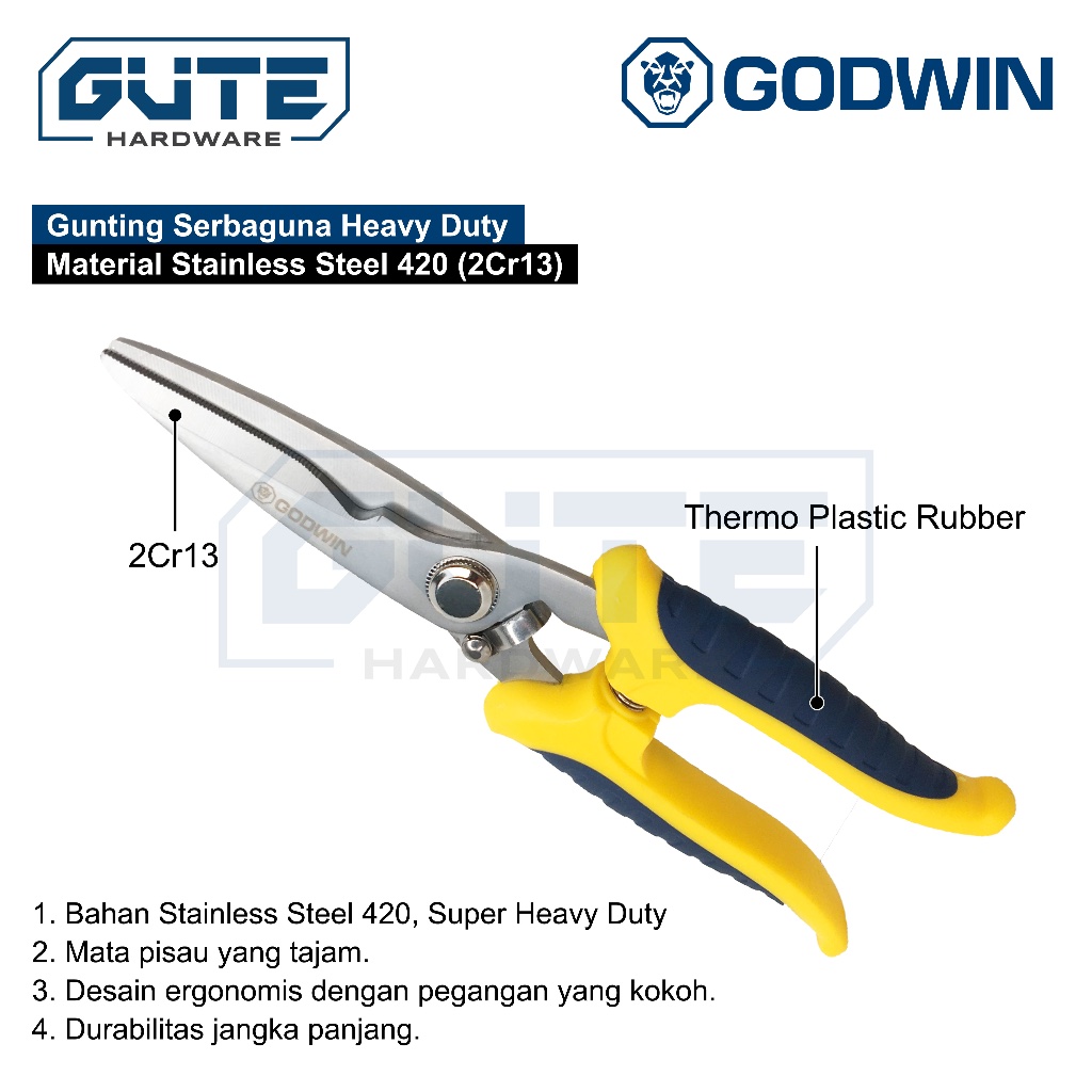 Gunting Korea Serbaguna / Gunting Serbaguna Stainless Steel GODWIN Extra Heavy Duty Seng Hollo Kawat Dahan Taman Plat - Gambar 3