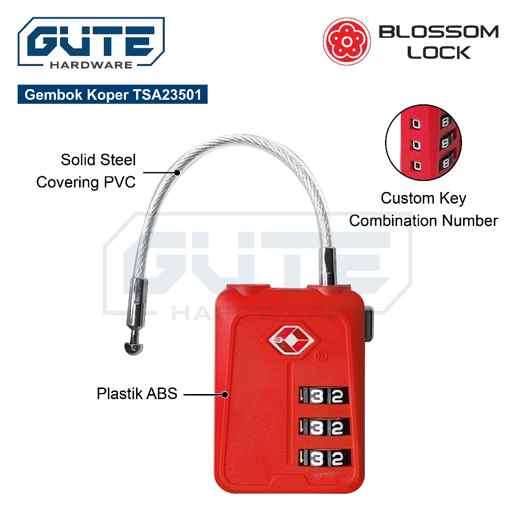GEMBOK NOMOR KOPER TAS TSA SECURITY "BLOSSOM" KUNCI SANDI / KUNCI PIN / TSA TRAVEL COMBINATION PADLOCK - Gambar 6